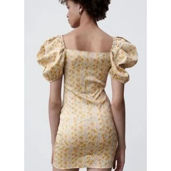 ZARA Satin Effect Floral Puff Sleeve Mini Dress V-Neck Bustier Balloon Sleeve - Picture 4 of 14